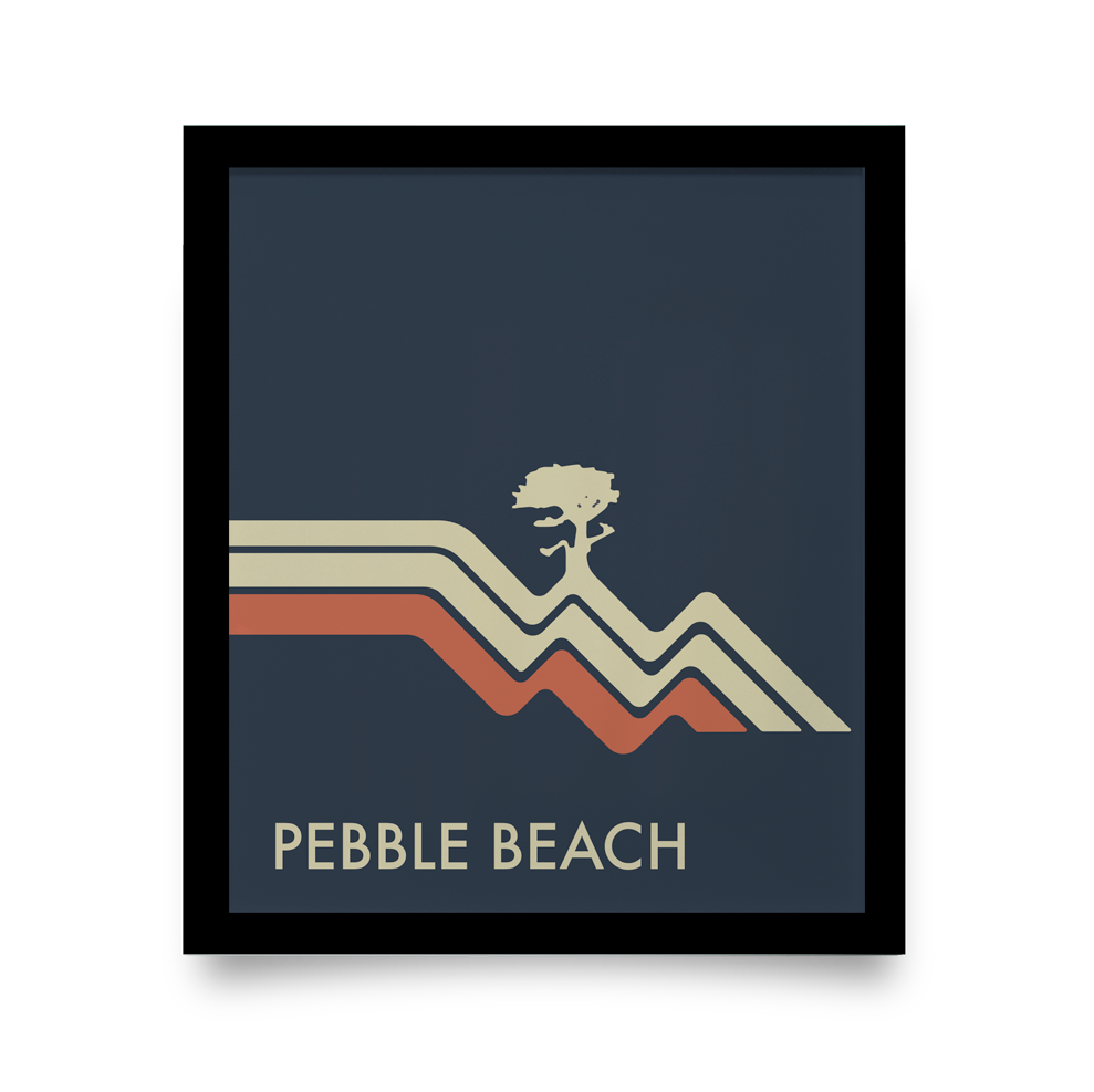 Golf Art - Pebble Beach Waves Navy Giclée Print (Black Wood Frame)