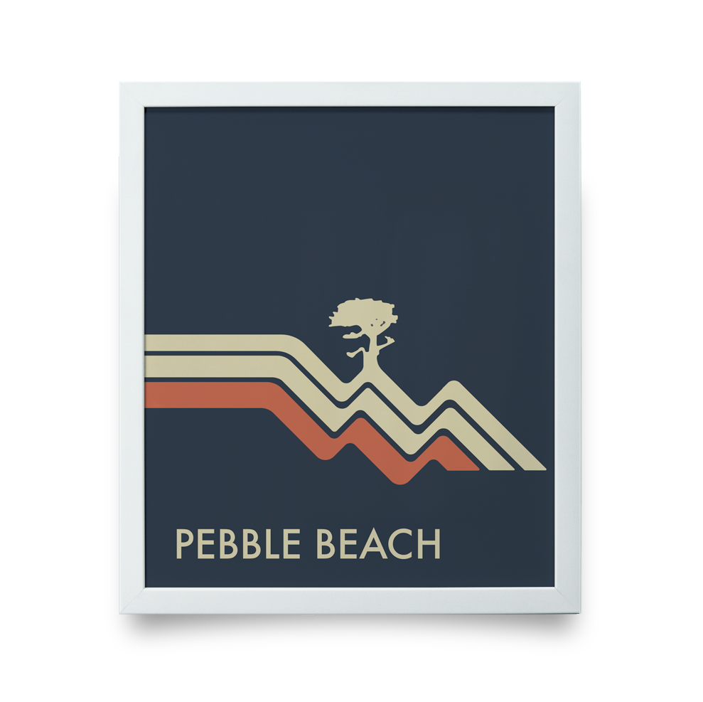 Golf Art - Pebble Beach Waves Navy Giclée Print (White Wood Frame)