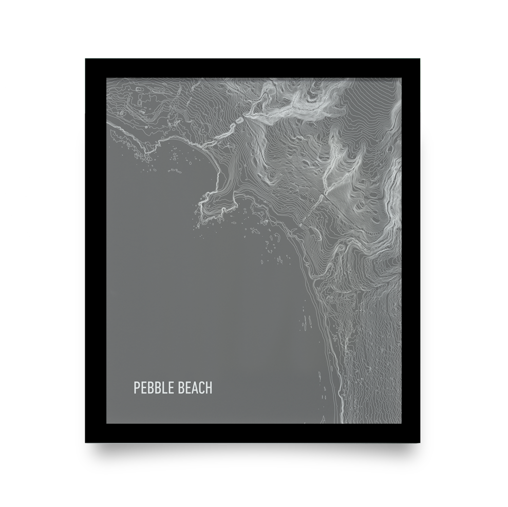 Golf Art - Pebble Beach Topo Gray Giclée Print (Black Wood Frame)