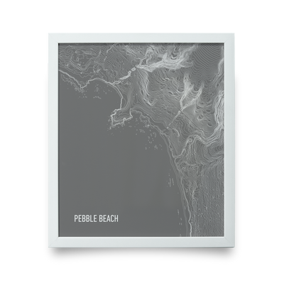Golf Art - Pebble Beach Topo Gray Giclée Print (White Wood Frame)