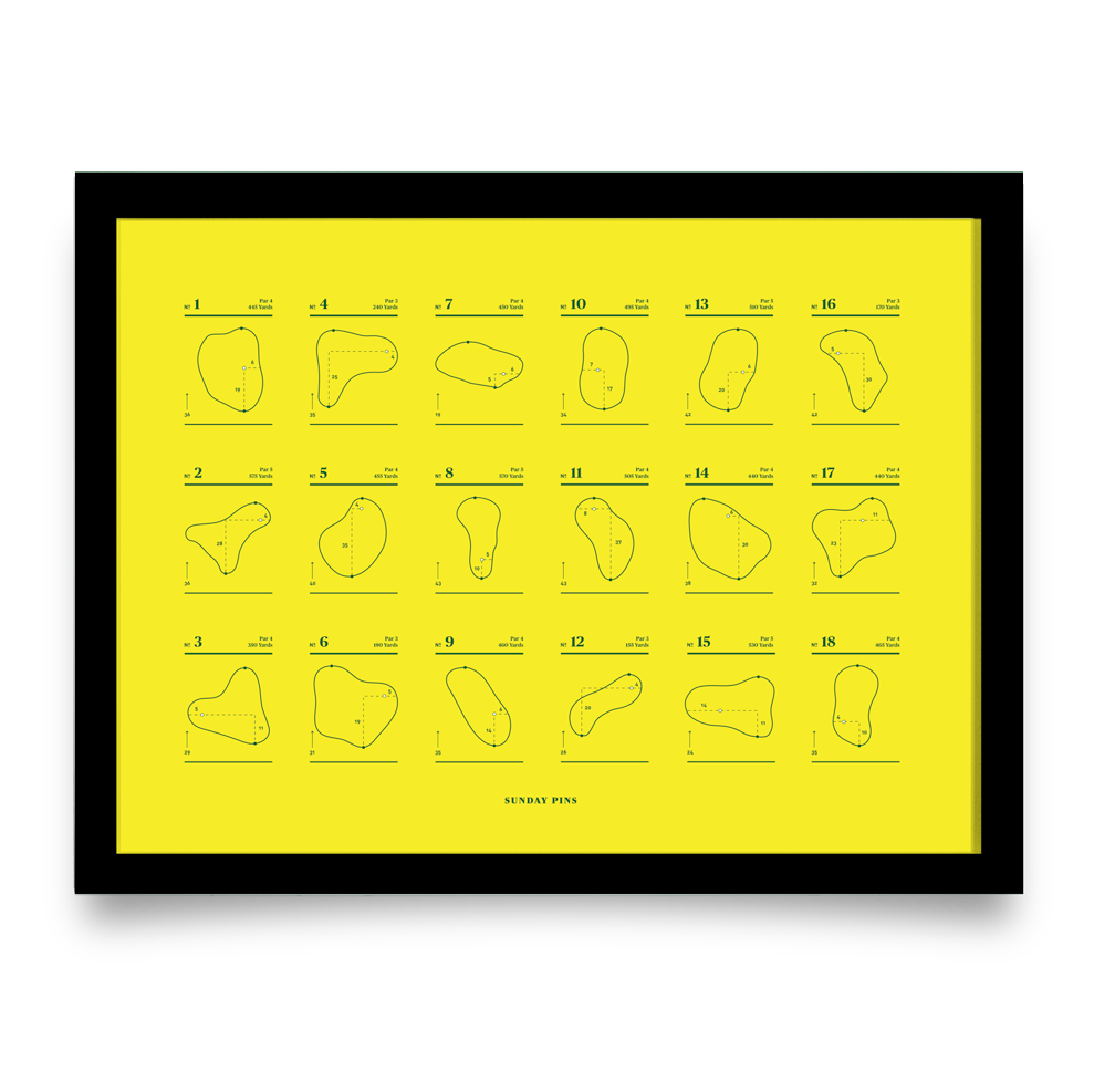 Golf Art - Sunday Pins Yellow Giclée Print (Black Wood Frame)