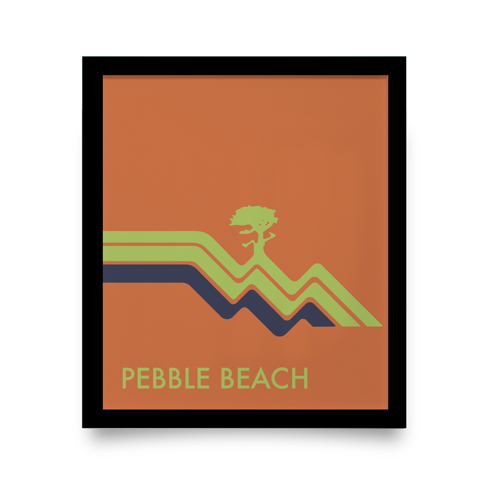 Golf Art - Pebble Beach Waves Orange Giclée Print (Black Wood Frame)