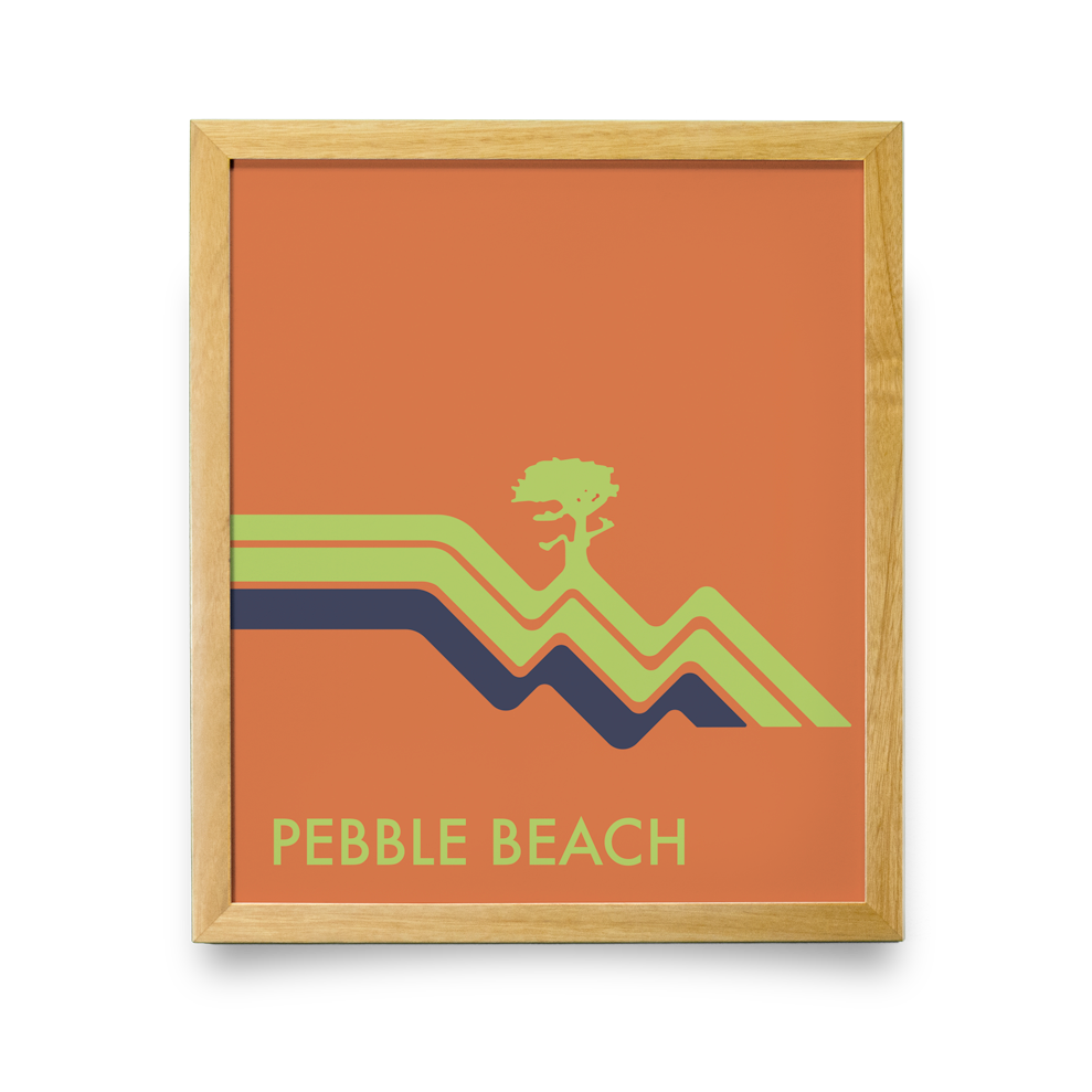 Golf Art - Pebble Beach Waves Orange Giclée Print (Natural Wood Frame)