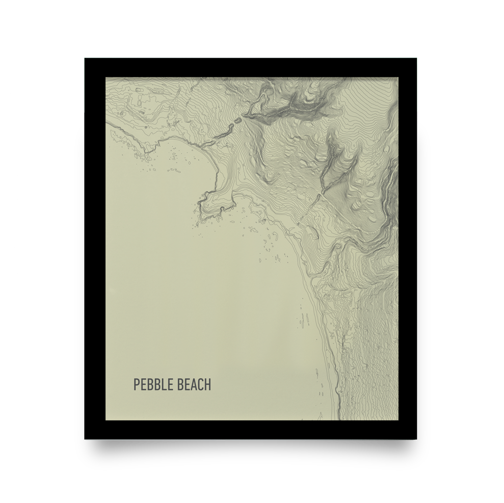 Golf Art - Pebble Beach Topo Cream Giclée Print (Black Wood Frame)