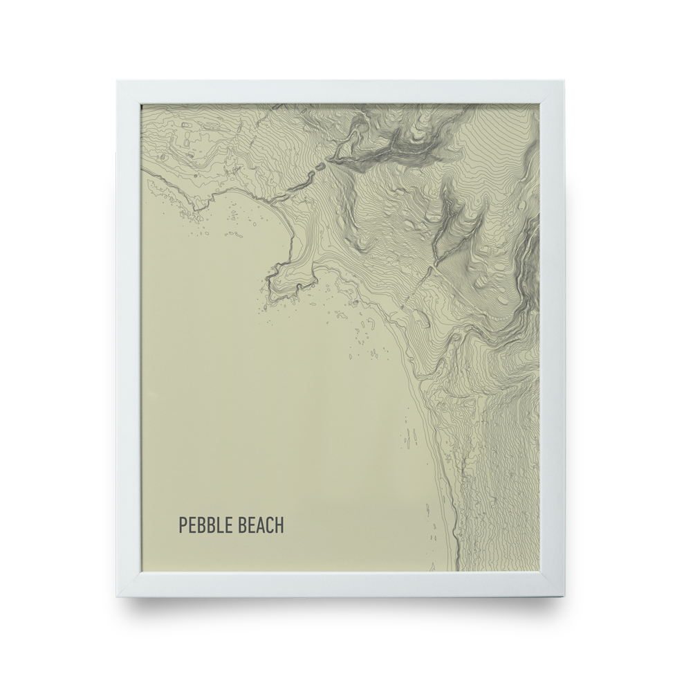 Golf Art - Pebble Beach Topo Cream Giclée Print (White Wood Frame)