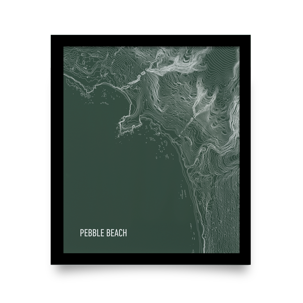 Golf Art - Pebble Beach Topo Green Giclée Print (Black Wood Frame)