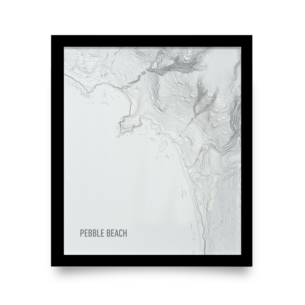 Golf Art - Pebble Beach Topo White Giclée Print (Black Wood Frame)