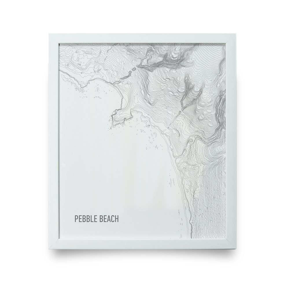 Golf Art - Pebble Beach Topo White Giclée Print (White Wood Frame)