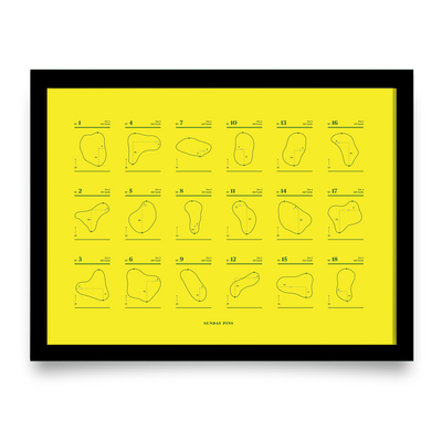 Golf Art - Sunday Pins Yellow Giclée Print (Black Wood Frame)