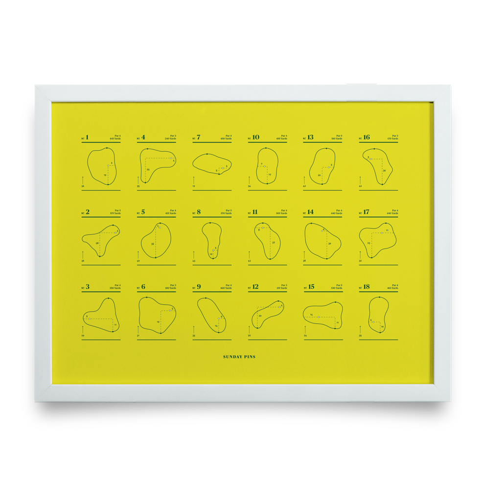 Golf Art - Sunday Pins Yellow Giclée Print (White Wood Frame)